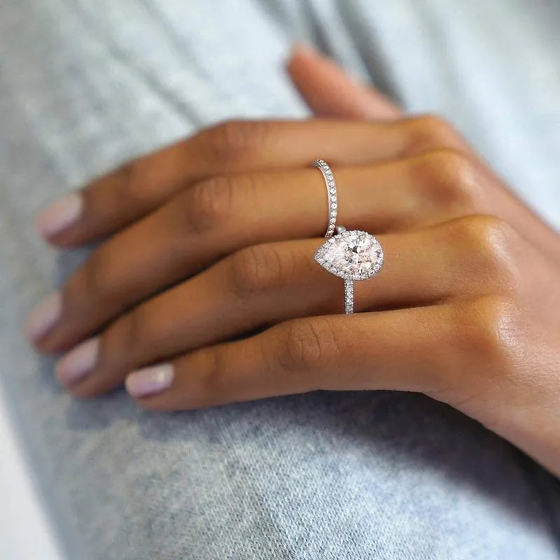 Teardrop Halo Bridal Ring Set — 925 Sterling Silver & Cubic Zirconia