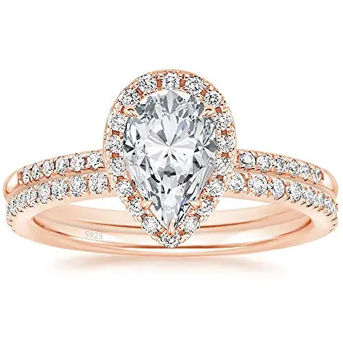Teardrop Halo Bridal Ring Set — 925 Sterling Silver & Cubic Zirconia