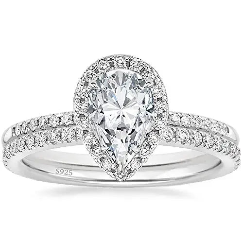 Teardrop Halo Bridal Ring Set — 925 Sterling Silver & Cubic Zirconia