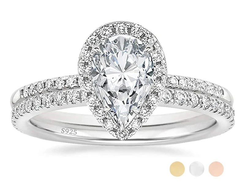 Teardrop Halo Bridal Ring Set — 925 Sterling Silver & Cubic Zirconia