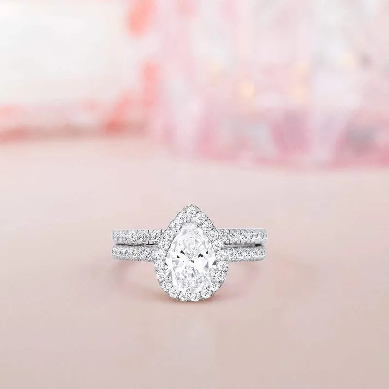 Teardrop Halo Bridal Ring Set — 925 Sterling Silver & Cubic Zirconia