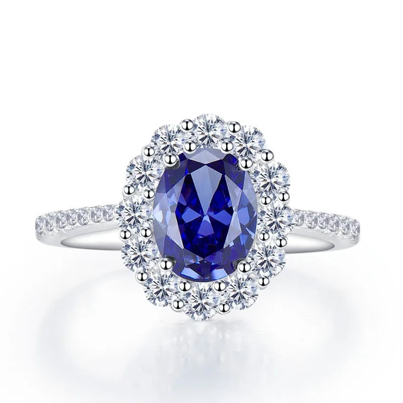 Oval Blue Sapphire Halo Engagement Ring | 925 Sterling Silver | VVS1 Moissanite