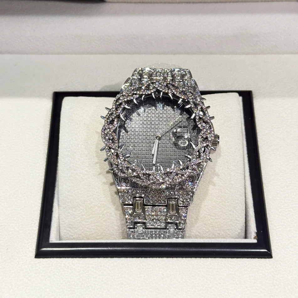 PINTIME Men's Thorn Spike Quartz Watch — Iced Out Rhinestone, Luminous Hands, Water-Resistant