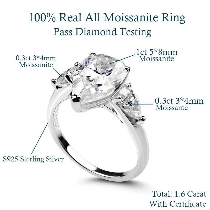 1-5CT Pear Cut Miossanite Ring Certified 925
