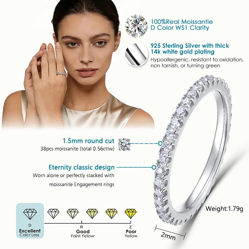 Moissanite Eternity Band Ring | D Color VVS1 | 925 Sterling Silver | GRA Certified