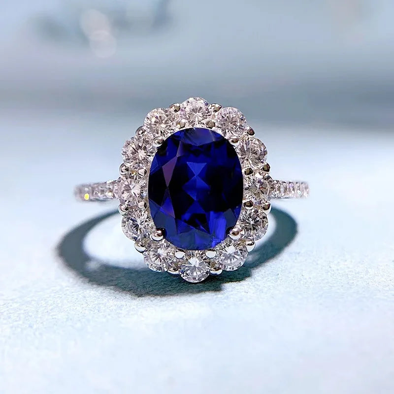 Oval Blue Sapphire Halo Engagement Ring | 925 Sterling Silver | VVS1 Moissanite