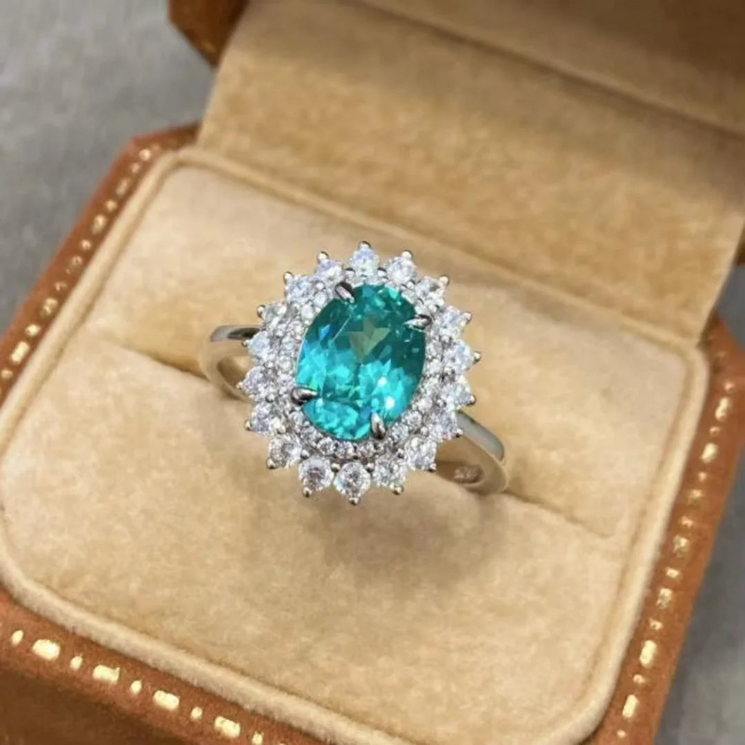 Lumilux Oval Paraíba Ring | Lab-Grown Gemstone | 925 Sterling Silver & 18K White Gold