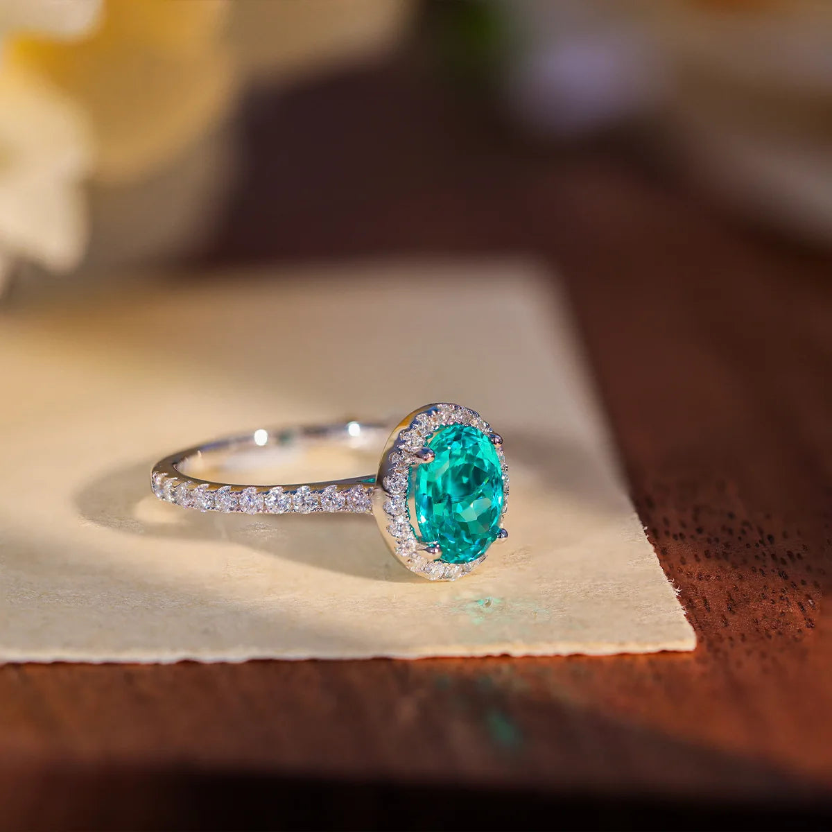 1.5CT Oval Paraiba Moissanite Engagement Ring | 925 Sterling Silver Halo Bridal Band