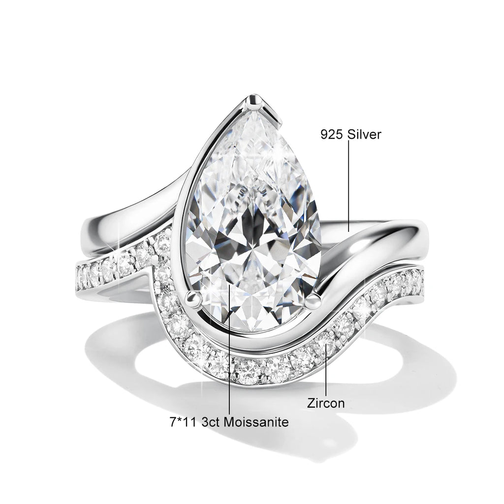 Pear Cut Moissanite Ring Set Bride 100% 925