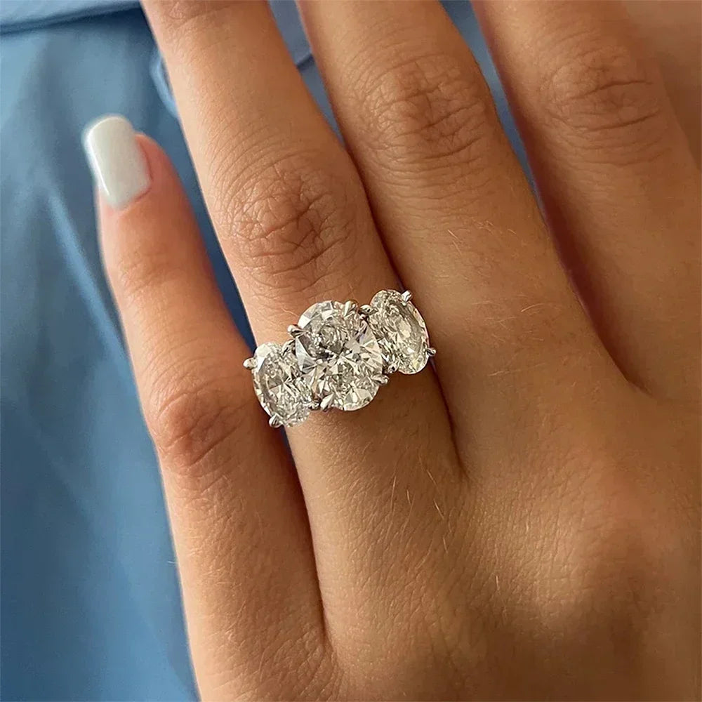 Oval Cut Three-Stone Moissanite Engagement Ring | 925 Sterling Silver | GRA Certified