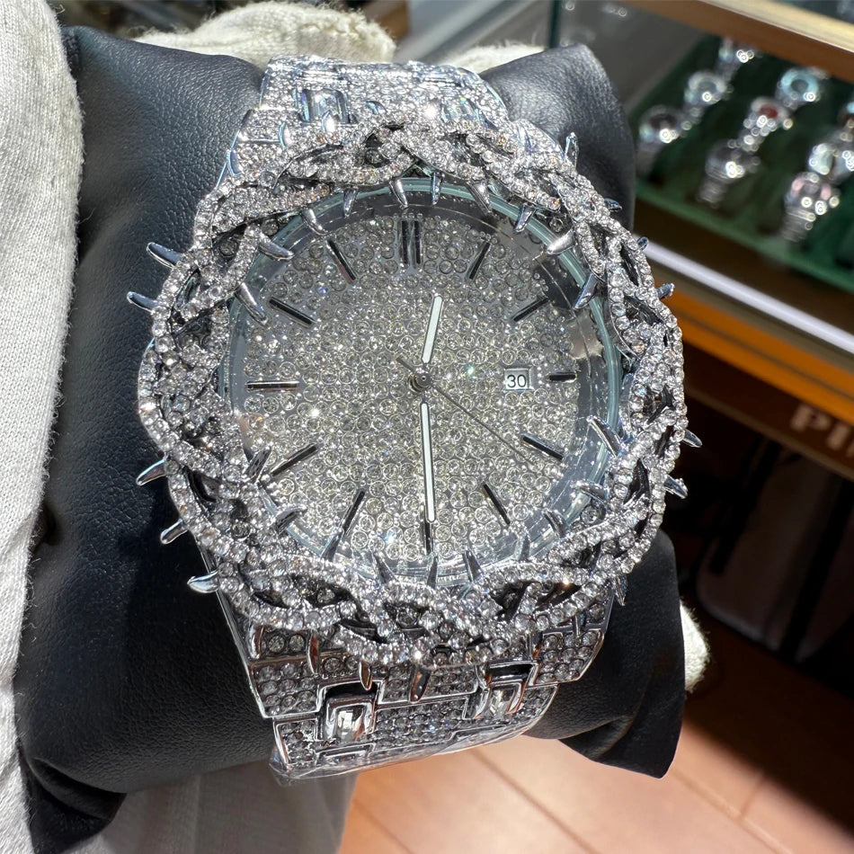 PINTIME Men's Thorn Spike Quartz Watch — Iced Out Rhinestone, Luminous Hands, Water-Resistant