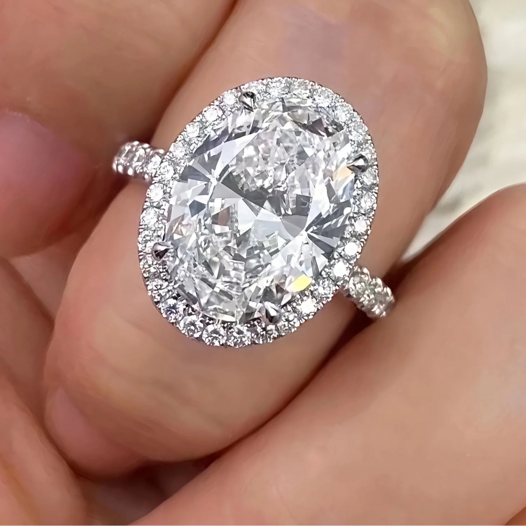 Lumilux Oval Halo Ring — 5CT High Carbon Diamond | 925 Sterling Silver | White, Yellow & Pink