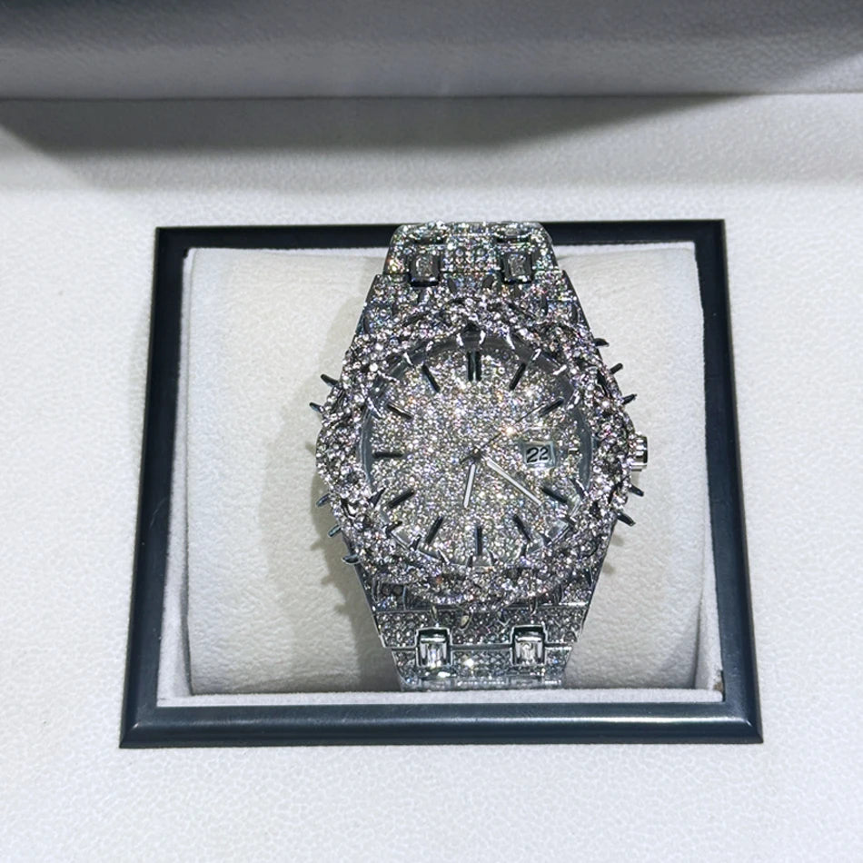 PINTIME Men's Thorn Spike Quartz Watch — Iced Out Rhinestone, Luminous Hands, Water-Resistant