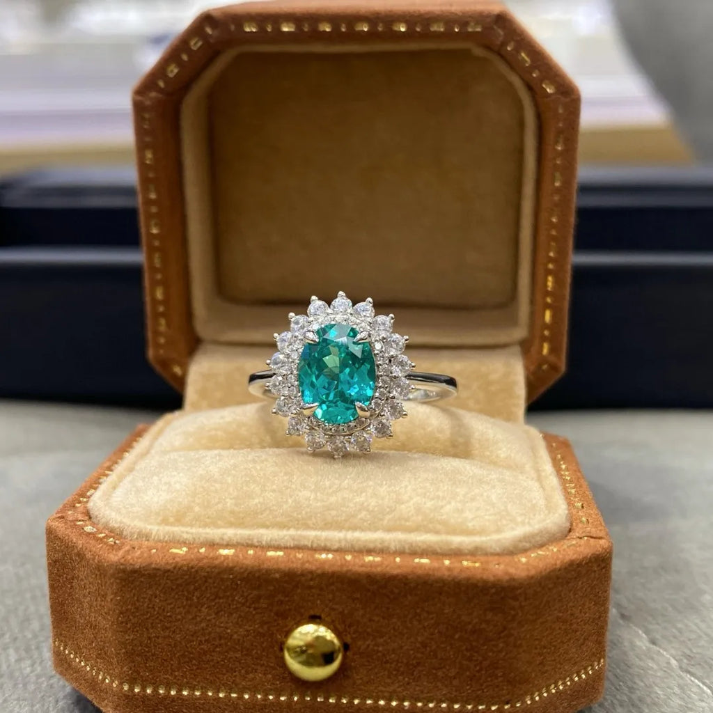 Lumilux Oval Paraíba Ring | Lab-Grown Gemstone | 925 Sterling Silver & 18K White Gold