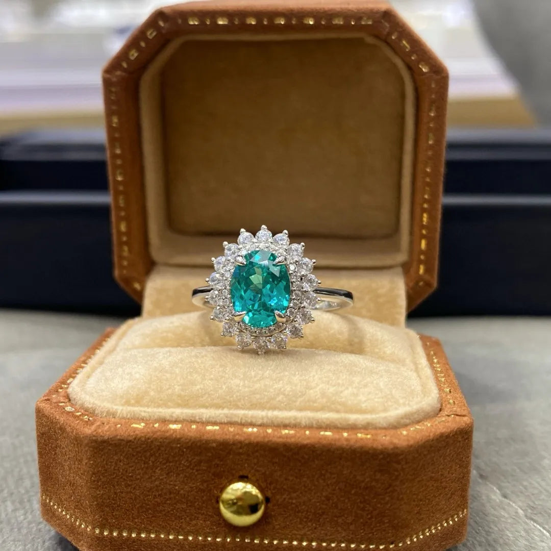 Lumilux Oval Paraíba Ring | Lab-Grown Gemstone | 925 Sterling Silver & 18K White Gold