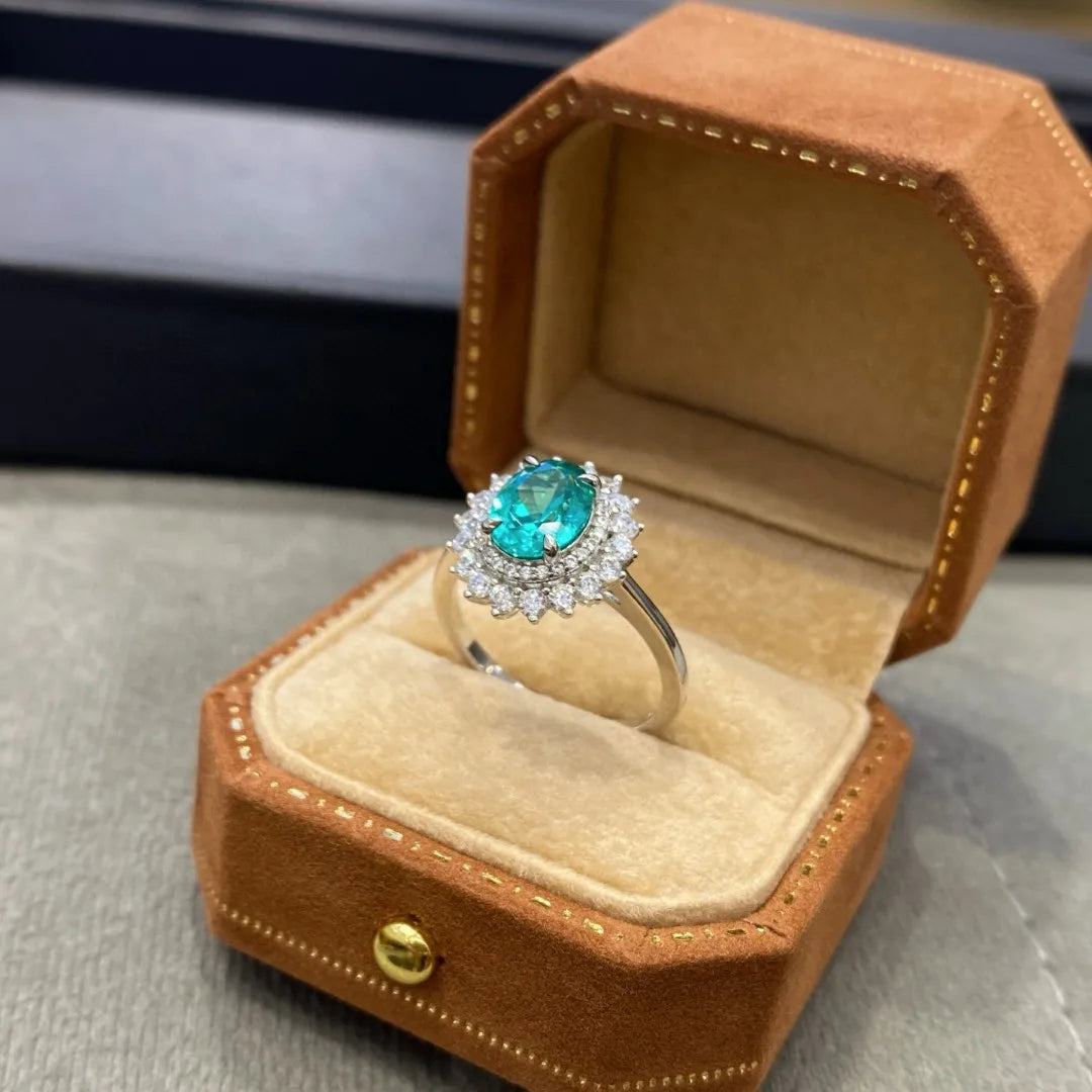 Lumilux Oval Paraíba Ring | Lab-Grown Gemstone | 925 Sterling Silver & 18K White Gold