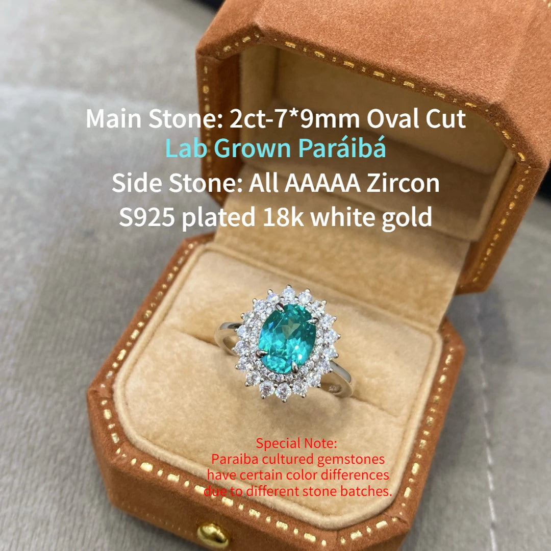 Lumilux Oval Paraíba Ring | Lab-Grown Gemstone | 925 Sterling Silver & 18K White Gold