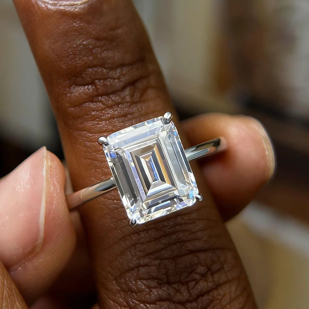 4 Carat Emerald Cut Moissanite Engagement Ring | 925 Sterling Silver | D Color VVS1