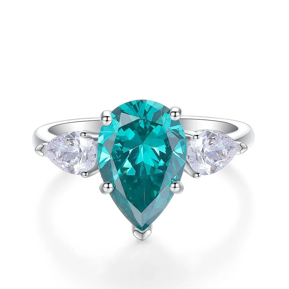 Pear-Cut Diamond & Emerald Moissanite Ring | Solid Platinum PT950 | Luxury Bridal Fine Jewelry