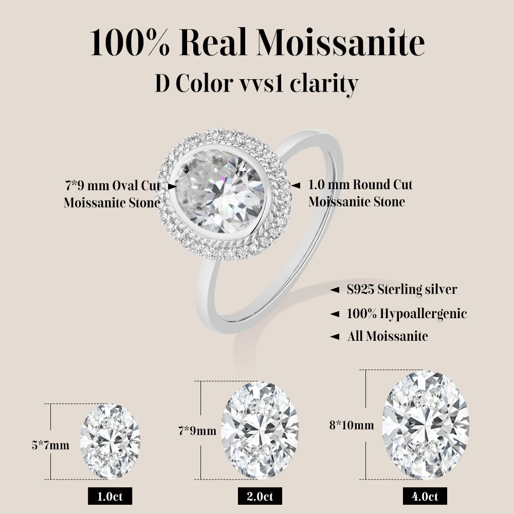 2.0CT Oval Cut Moissanite Halo Engagement Ring | D VVS1 | 925 Sterling Silver | 18K Gold Plated