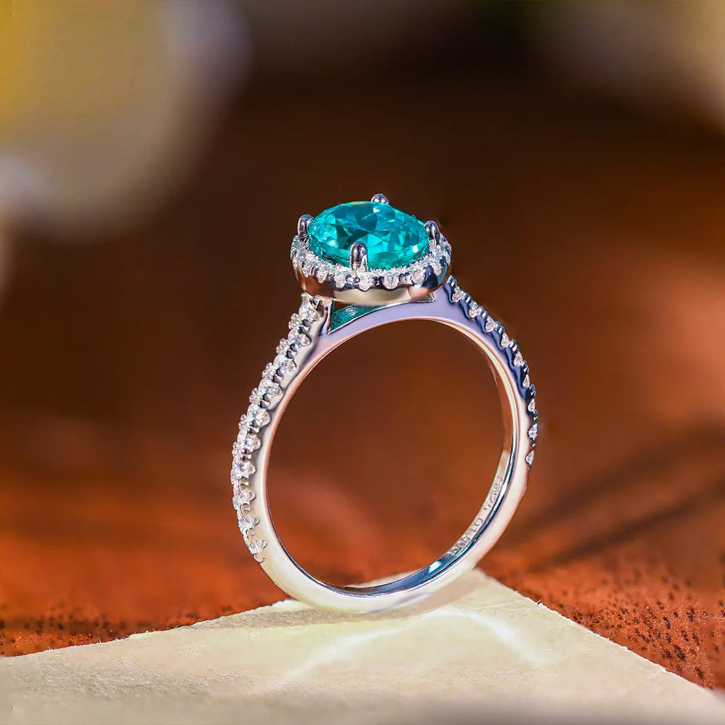 1.5CT Oval Paraiba Moissanite Engagement Ring | 925 Sterling Silver Halo Bridal Band