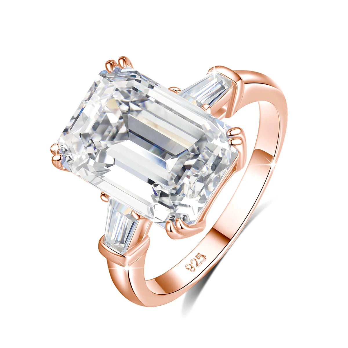 10ct Emerald Cut Moissanite Ring | D Color VVS1 | Gold Plated 925 Silver