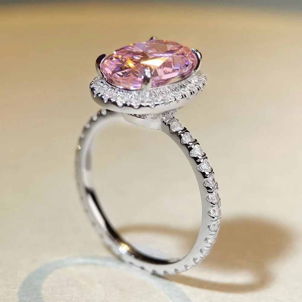 Lumilux Oval Halo Ring — 5CT High Carbon Diamond | 925 Sterling Silver | White, Yellow & Pink