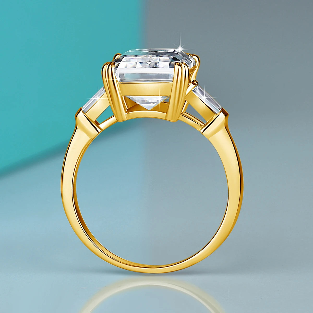 10ct Emerald Cut Moissanite Ring | D Color VVS1 | Gold Plated 925 Silver