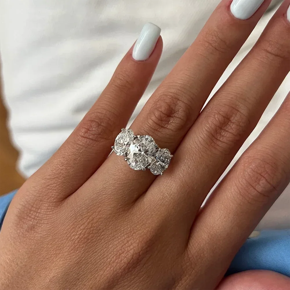 Oval Cut Three-Stone Moissanite Engagement Ring | 925 Sterling Silver | GRA Certified