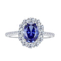 Oval Blue Sapphire Halo Engagement Ring | 925 Sterling Silver | VVS1 Moissanite