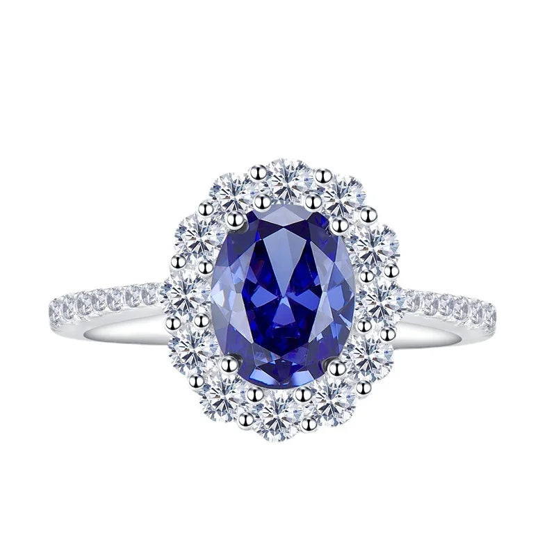 Oval Blue Sapphire Halo Engagement Ring | 925 Sterling Silver | VVS1 Moissanite
