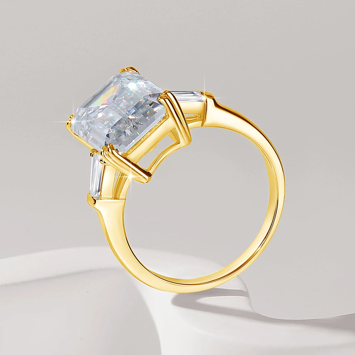 10ct Emerald Cut Moissanite Ring | D Color VVS1 | Gold Plated 925 Silver