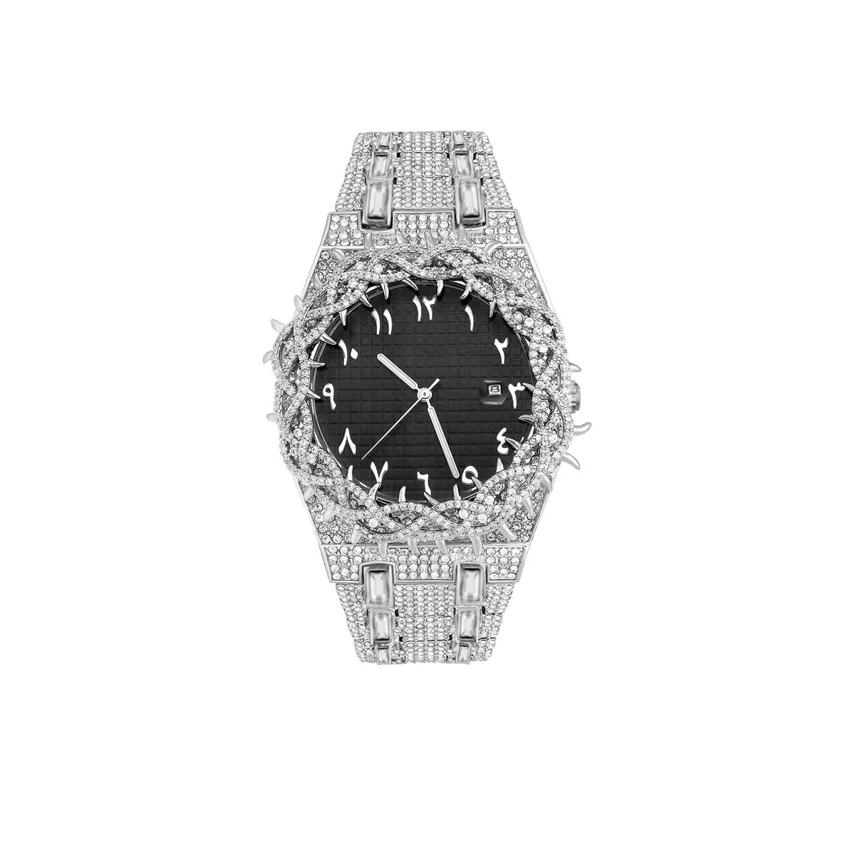 PINTIME Men's Thorn Spike Quartz Watch — Iced Out Rhinestone, Luminous Hands, Water-Resistant