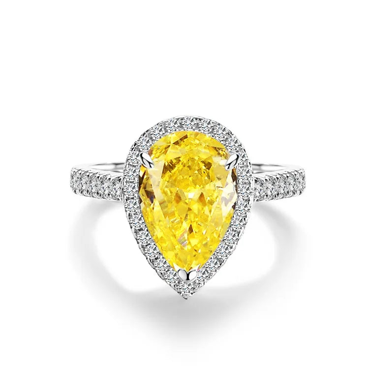 Lumilux Platinum Pear Solitaire Ring — PT950 | Diamond & Moissanite | Blue, Yellow, Pink & Purple