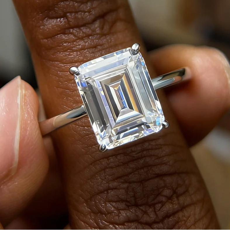 4 Carat Emerald Cut Moissanite Engagement Ring | 925 Sterling Silver | D Color VVS1