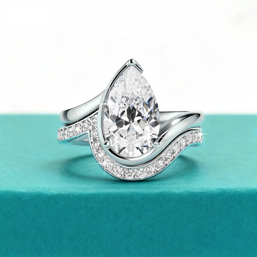 Pear Cut Moissanite Ring Set Bride 100% 925