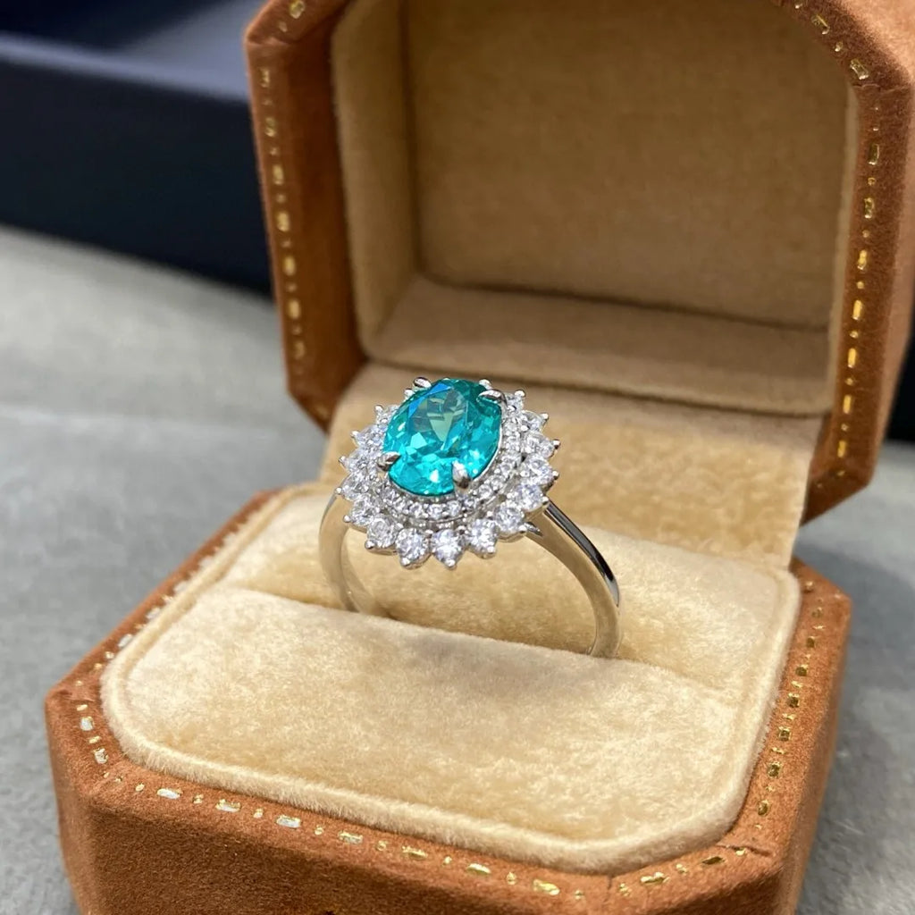 Lumilux Oval Paraíba Ring | Lab-Grown Gemstone | 925 Sterling Silver & 18K White Gold