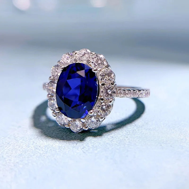 Oval Blue Sapphire Halo Engagement Ring | 925 Sterling Silver | VVS1 Moissanite