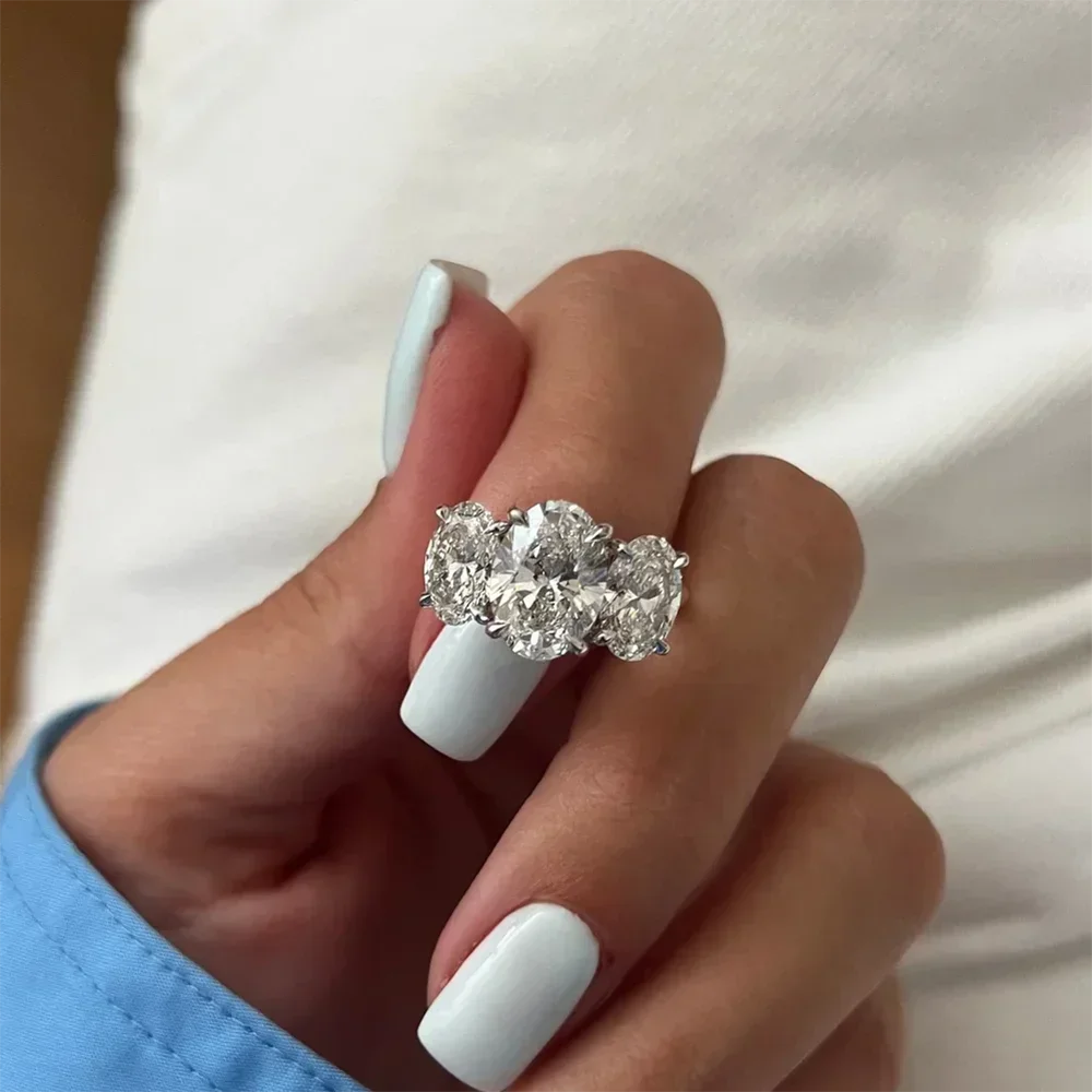 Oval Cut Three-Stone Moissanite Engagement Ring | 925 Sterling Silver | GRA Certified