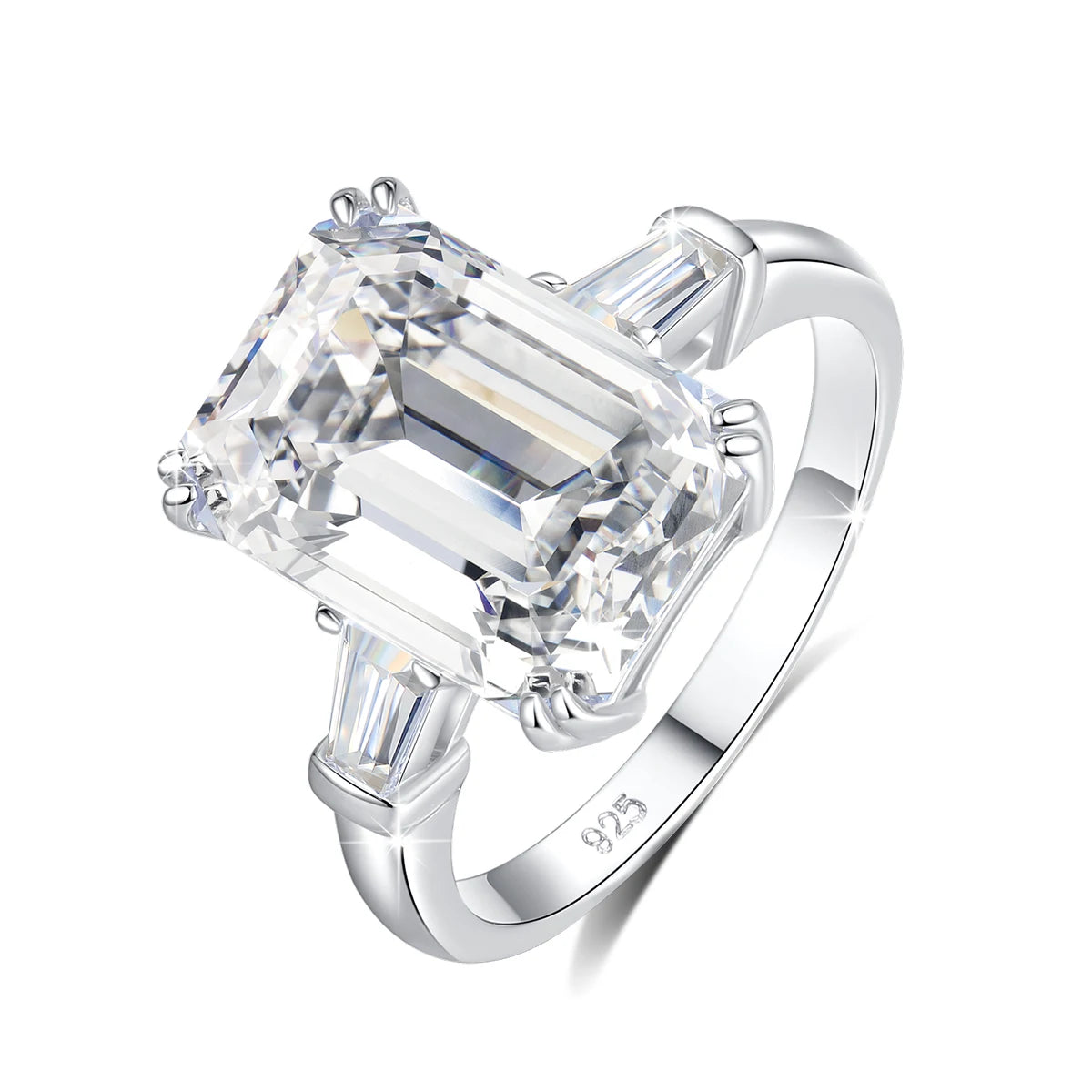 10ct Emerald Cut Moissanite Ring | D Color VVS1 | Gold Plated 925 Silver