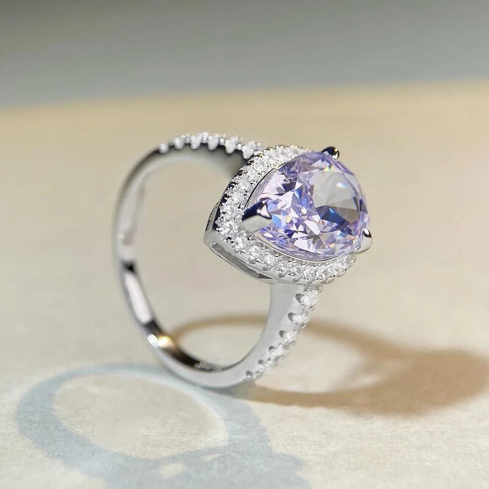 Lumilux Platinum Pear Solitaire Ring — PT950 | Diamond & Moissanite | Blue, Yellow, Pink & Purple