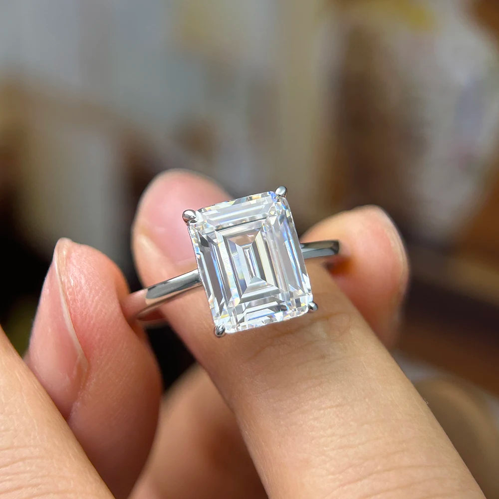4 Carat Emerald Cut Moissanite Engagement Ring | 925 Sterling Silver | D Color VVS1