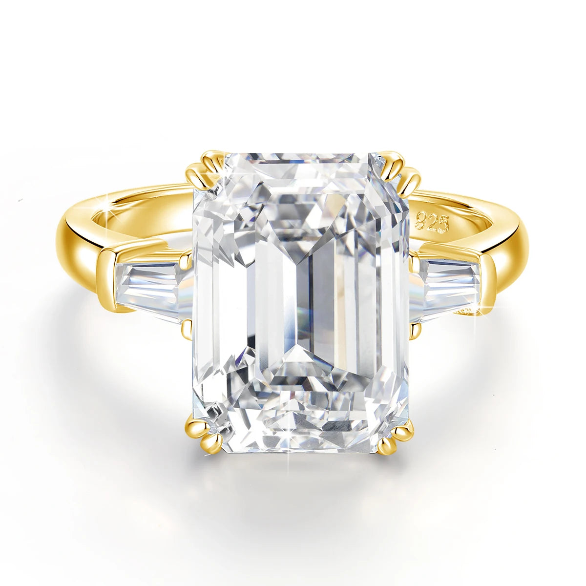 10ct Emerald Cut Moissanite Ring | D Color VVS1 | Gold Plated 925 Silver