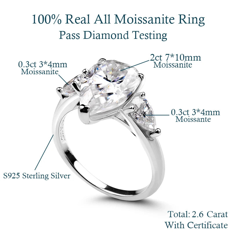 1-5CT Pear Cut Miossanite Ring Certified 925