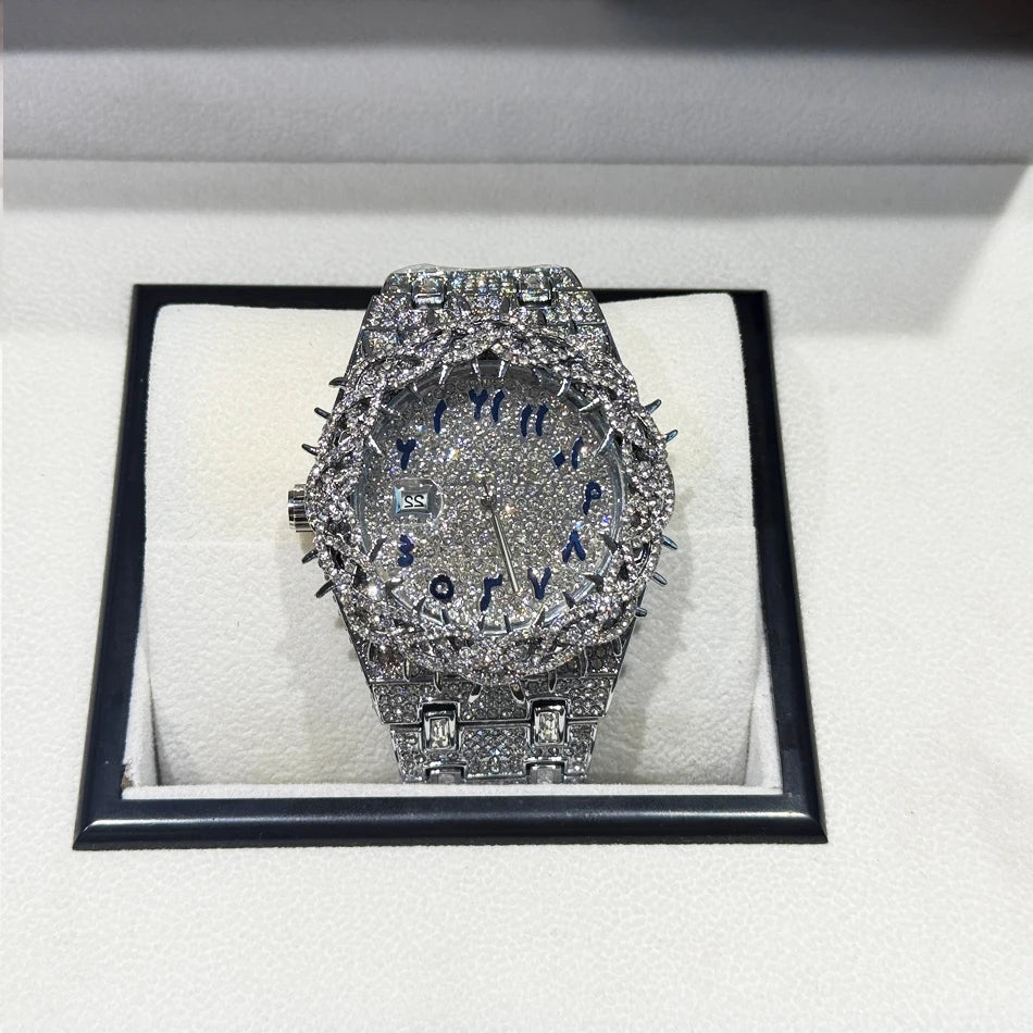 PINTIME Men's Thorn Spike Quartz Watch — Iced Out Rhinestone, Luminous Hands, Water-Resistant