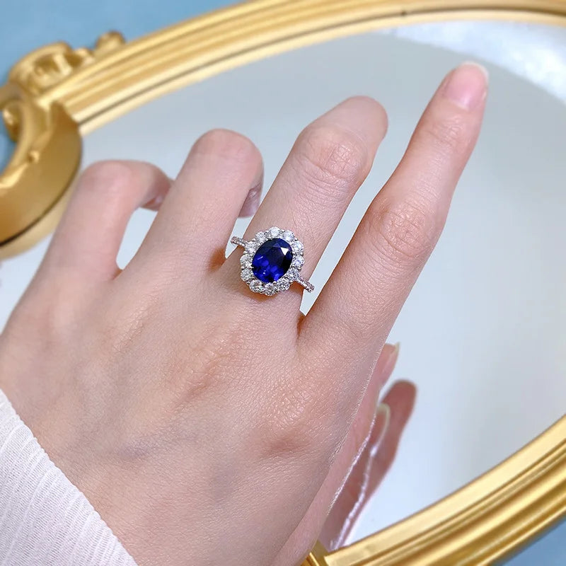 Oval Blue Sapphire Halo Engagement Ring | 925 Sterling Silver | VVS1 Moissanite