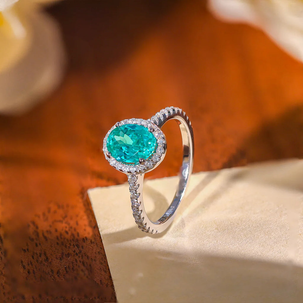 1.5CT Oval Paraiba Moissanite Engagement Ring | 925 Sterling Silver Halo Bridal Band