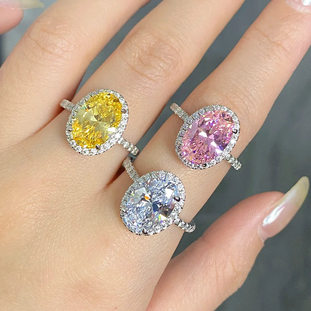 Lumilux Oval Halo Ring — 5CT High Carbon Diamond | 925 Sterling Silver | White, Yellow & Pink