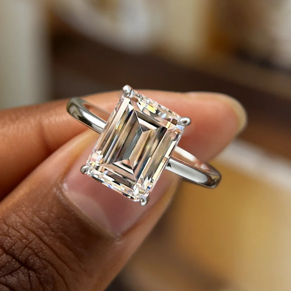 4 Carat Emerald Cut Moissanite Engagement Ring | 925 Sterling Silver | D Color VVS1