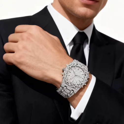 PINTIME Men's Thorn Spike Quartz Watch — Iced Out Rhinestone, Luminous Hands, Water-Resistant